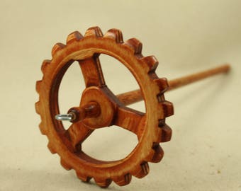 Medium weight Gunstock Steampunk Gear Top Whorl Drop Spindle 10" shaft