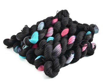 Mini Skeins, Hand Dyed Yarn, Sock Weight, Superwash Merino Wool Yarn, Knitting Yarn, Sock Yarn, Multi-colored, aqua, pink, black - Pop Star