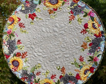MarveLes AUTUMN SHIMMER Sunflower Leaves Reversible Floral Large Round Custom Quilted Table Topper Runner Pink Blue