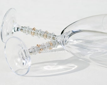 CHAMPAGNE Wedding Toasting Flutes, SWAROVSKI Crystal Beaded Stemware, Mr Mrs PERSONALIZED Flute Set