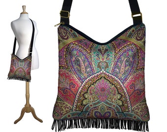 Cross Body Hobo Bag Purse Bohemian Fringe Purse Crossbody Bag Boho Hippie Bag Paisley Fabric Handbag Teal Purple Red Black MTO