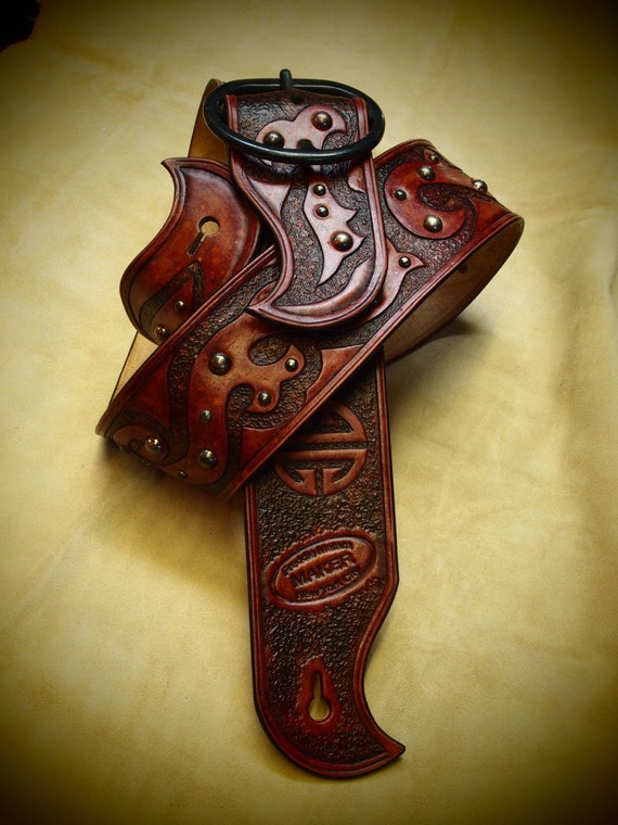 Leather Guitar strap Antique RED Hand tooled, Handmade, Asian tribal style with Fine hand work made for YOU in USA by Freddie Matara!