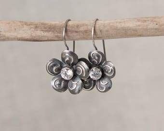 Flower Earrings with Cubic Zirconia, Sterling Silver Earrings