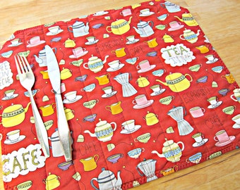 Coffee Placemats, Quilted Placemats, Red Placemats, Retro Placemats, Coffee Decor, Tea Placemats, Tea Decor, Coffee print fabric