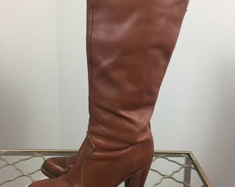 1980s Brown Leather Boots - Made in USA - Steal Toe - 3" Heel - Size 7.5 - Zodiac - Boho Boots - Tall High Heel Cowboy Boots - Urban Cowgirl