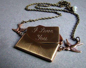 Love Note- I love you antiqued brass envelope necklace