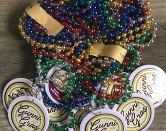 Mardi Gras Beads with custom sticker, 1 side, 12 pack