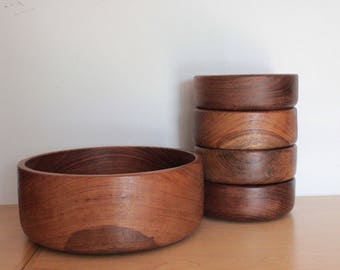 Mid Century Teak Salad Bowl and 4 Individual Bowls
