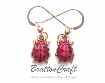Hand Painted Red Ladybug Earrings - Gold Ladybug Earrings - Gold Ladybug Jewelry - Insect Earrings - Insect Jewelry - Bug Earrings