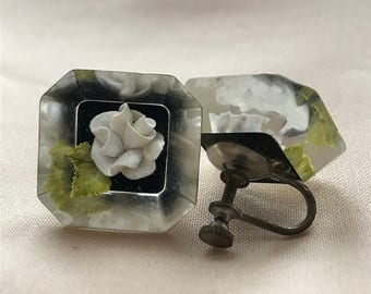 Retro Lucite Encased White Rose Screwback Earrings