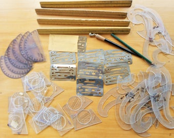 Drafting Lettering metal templates french curves wood rulers letter spacing templates compass protractors huge lot vintage drafting tools