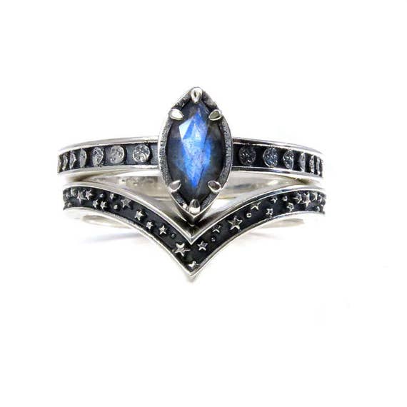 Labradorite Moon and Stars Engagement Ring Set - Sterling Silver Lunar Wedding Rings