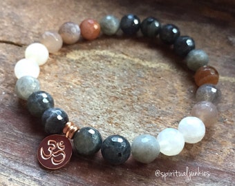 Ommmbre | Labradorite, Sunstone, Moonstone Ombre + Rose Gold Vermeil Om | Spiritual Junkies | Stackable Mala Bracelet | Yoga + Meditation