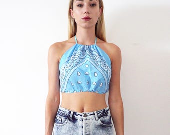 Baby Blue Bandana Backless Tie Up Crop Top