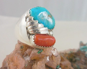 Native American Turquoise Coral Men's Sterling Ring