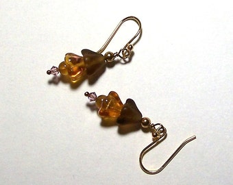 Brown and Topaz Czech Glass Flower Bead Earrings by Carol Wilson of Je t'adorn