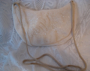 Beautiful Vintage White Beaded Sling Purse