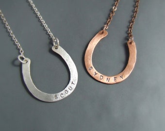 Personalized horseshoe necklace, custom hand stamped silver or copper equestrian jewelry, women birthday gift for horse lovers