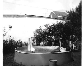 Vintage Snapshot "Underwater Handstand" Upside Down Pair Of Legs In Backyard Pool Black & White Found Photo Strange Vernacular Photography