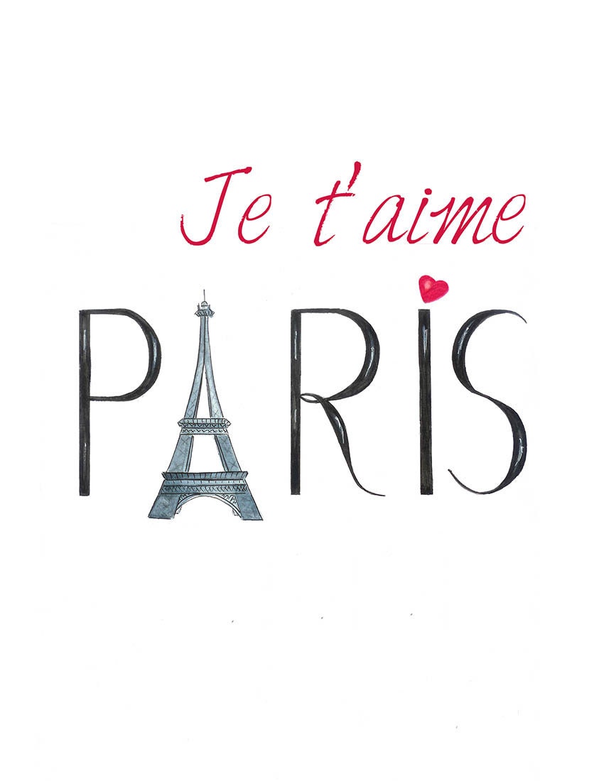 I Love Paris Wall Art Eiffel Tower Print Hand Drawn Word