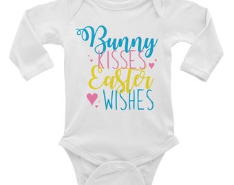 Bunny Kisses Easter Wishes - Bunny Kisses - Easter Wishes - Easter Onesie - Easter Shirt - First Easter Onesie - Infant Long Sleeve Bodysuit