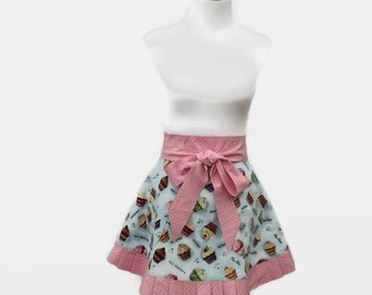 Womens Cupcake Apron, Half Cupcake Apron, Cute Half Apron, Girly Half Apron, Ruffled Half Cupcake Apron, Retro Cupcake Apron with Ruffles