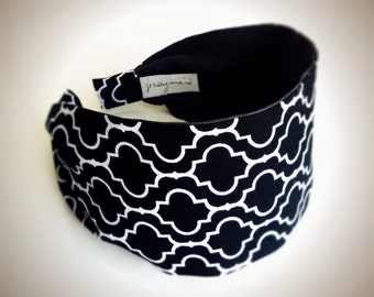 Wide Headbands for women Adult headband woman moroccan print womens headband Black white headband quatrefoil cotton fabric headband