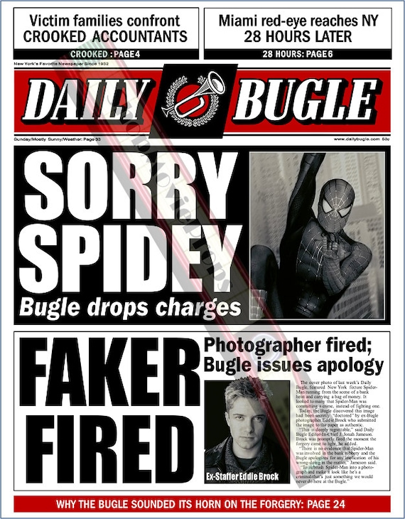 First page Daily bugles spiderman 3 Eddie Brock excuse