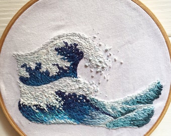 CUSTOM MADE to ORDER wave hand embroidery -ocean beach water-