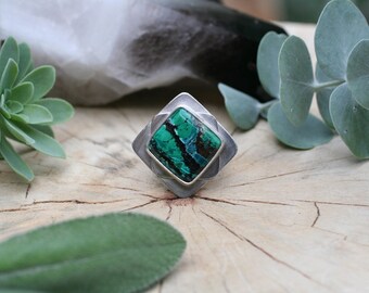 Malachite Azurite ring size 7.5, sterling silver "Blue Lagoon" statement ring, azurite malachite ring, blue stone ring, square ring