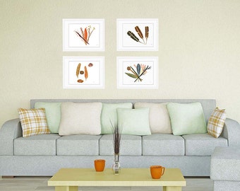 Set of 4 prints, Botanical set prints, nature wall art, feather Print set, Rustic Home, Wall hanging, living room decor, Housewarming Gift
