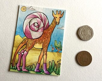 Alien giraffe socks snail Desert wall art miniature art ATC Gift Art Trading Card Whimsical Original ART ACEO Watercolor - Katie Hone