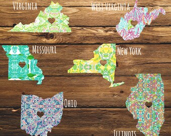 Lilly Inspired State Decal, Virginia, Missouri, New York, Ohio, Illinois, West Virginia, Yeti Decal, Laptop Decal,Phone Decal, Macbook Decal