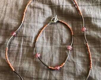 Rust brown necklace/bracelet with pink and copper