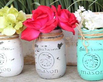 Painted Mason Jars, Mason Jars Decoration, Chalk Pain Jars, Flower Jars, Distressad Mason Jars, Vintage Mason Jars, Shabby Chic Decor,