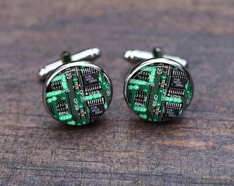Circuit board Cuff links, mens green circuit board, domed printed real computer circuit, computer, Electronics Engineer