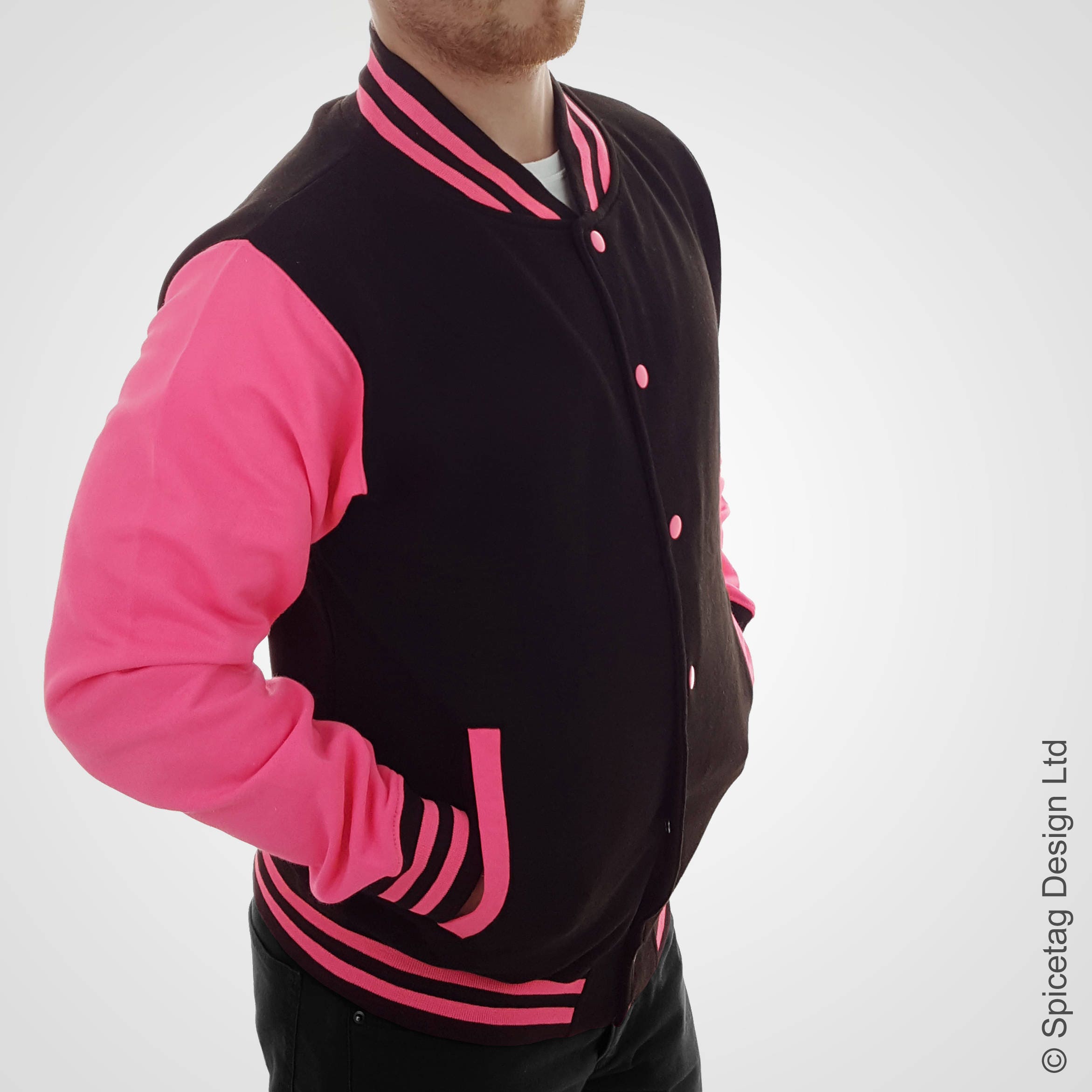 Neon Pink & Black Varsity Jacket Noir College Letterman Coat