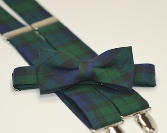 Men's Bow Tie and Suspender Set - Blackwatch Plaid - Navy and Green Tartan