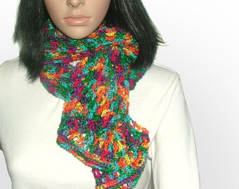 Crochet Beanie & Scarf Set, Crochet Slouchy Hat, Lacey scarf in Variegated Multi-color, Crochet Rainbow Beanie, Scarf Set,