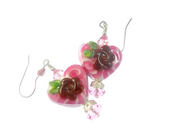 Floral Heart Lampwork Earrings, Chocolate Glass Bead Earrings, Valentine Beadwork Earrings, Glass Bead Jewelry, Lampwork Jewelry