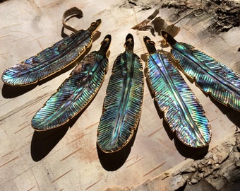 Abalone shell feather gold edged pendant. One piece hand carved natural shell leaf