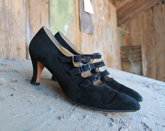 1960s Ferragamo Black Suede Heels // Mary Janes // Size 6.5 or 6