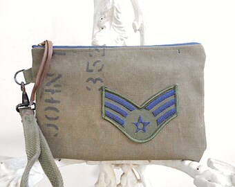 Military canvas wristlet, clutch - insignia patch - eco vintage fabrics