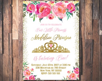 Princess Invitation, Princess birthday invitation, Gold crown invitation, Gold glitter pink printable, Princess invites 1059