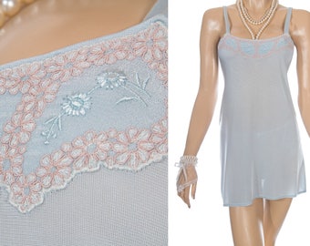 Authentic slinky silky soft aqua nylon and contrasting coffee lace and floral embroidery detail 1940's vintage camisole mini slip - PL1927