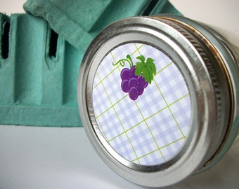 Plaid Grape canning jar labels, round purple mason jar stickers for fruit preservation, cottage chic preserves jam and jelly jar labels