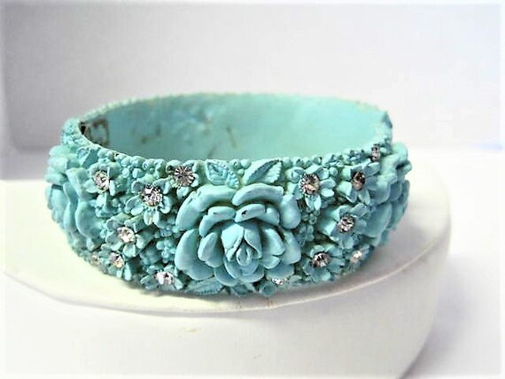 Aqua Celluloid Bracelet, Wide Floral Pastel, Vintage Rhinestone Enhanced Clamper