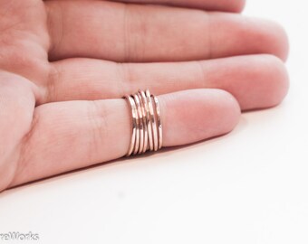 Rose Gold Stacking Rings - Thin Skinny Rose Gold Rings - Hammered 14k Rose Gold Filled - Dainty Thin Stacking Rings Textured Gift