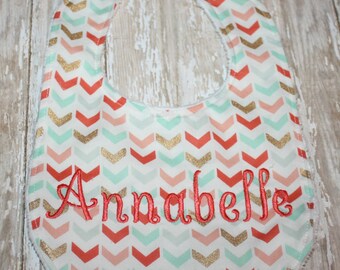 Baby Bib- Mint, Gold and Blush Bib with Minky Backing, Baby Boy Bib or Baby Girl Bib, Gold Baby Bib, Minky Baby Bib