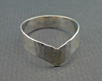 Wide Chevron V Ring Hammered Band 925 Sterling Silver